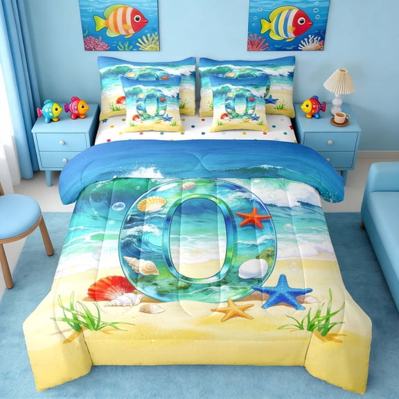 Manfei Cartoon Initial O Beach Seashell Starfish Twin Bedding Sets for Kids Boys and Girls, Nautical Alphabet Print Bedding Comforter Set, Stars Reversible 7pcs