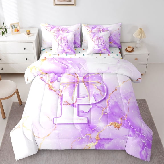 Manfei Cartoon Initial P 7-Piece Twin Bedding,Marble Pattern Bedding Comforter Set,Purple,Polkadot Reversible