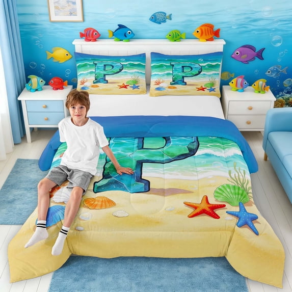 Manfei Cartoon Initial P Beach Seashell Starfish Queen Comforter Set for Kids Boys and Girls, Nautical Alphabet Print Bedding Comforter Set, Stars Reversible 3-Piece, 1 Comforter and 2 Pillowcases
