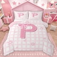 thumbnail image 1 of Homewish Cartoon Initial P Letter Queen Comforter Set, Pink Bowknot Monogrammed Bedding Sets, Square Buffalo Reversible Bedding Comforter Set, Lightweight Room Decor, 3-Piece, 1 of 8