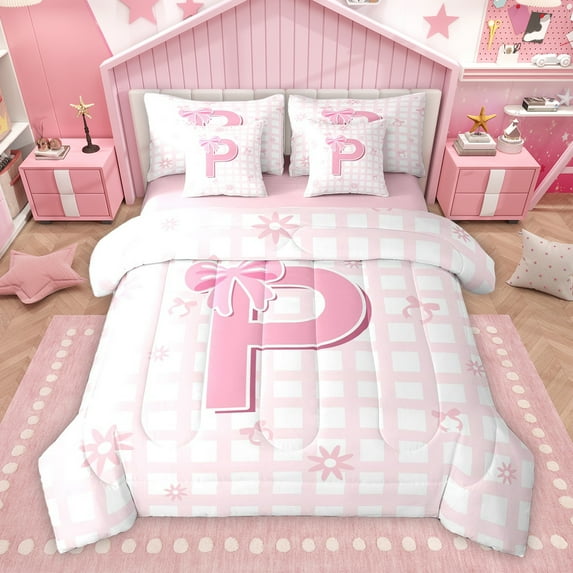 Manfei Cartoon Initial P Letter Twin Bedding Sets 7-Piece, Pink Bowknot Monogrammed Bedding Comforter Set, Square Buffalo Reversible Sheet Sets, Lightweight Room Decor