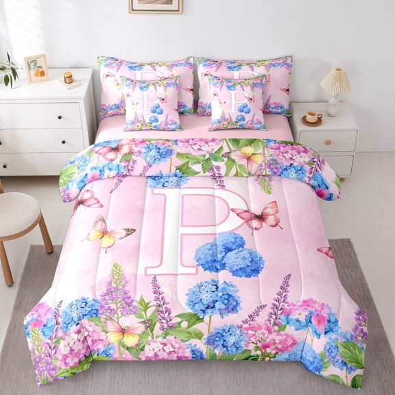Manfei Cartoon Initial P Print 7-Piece Twin Bedding,Cute Butterfly Bedding Comforter Set,Multicolored,Pink Reversible