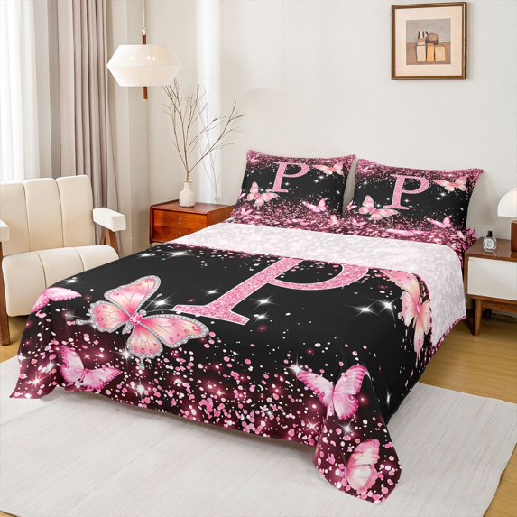 Manfei Cartoon Initial P Queen Sheets,Kawaii Bling Print Queen Sheet Sets,Pink,4-Piece