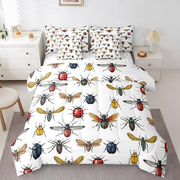 Feelyou Cartoon Insect Twin Bedding Sets 7-Piece, Cute Ladybug Animal Bedding Comforter Set, Teenager Boys Girls Sheet Sets, Ultra Soft Room Decoration