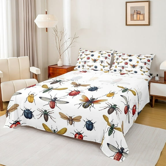 Feelyou Cartoon Insect Twin Sheet Sets, Cute Ladybug Animal Twin Fitted Sheet, Teenager Boys Girls Flat Sheet, Ultra Soft Room Decoration, 3 Piece