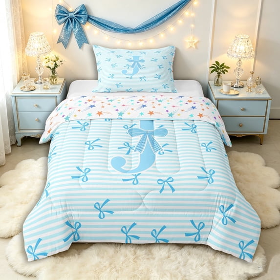 Manfei Cartoon J Personalized Initial Twin Comforter Sets 3-Piece for Kids Girls,Teens Female Geometric Stripes Kawaii Bowtie Bedding Set,Lightweight Room Decor