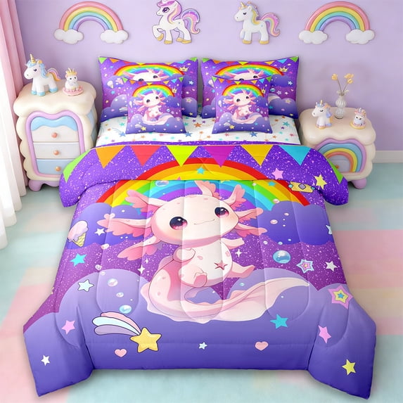 Manfei Cartoon Kawaii Axolotl 7-Piece Twin Bedding Sets,Purple Glitter Print Bedding Comforter Set,Galaxy Stars Fantasy Sheet Sets For Girls Teens,Ultra Soft Home Decor Reversible