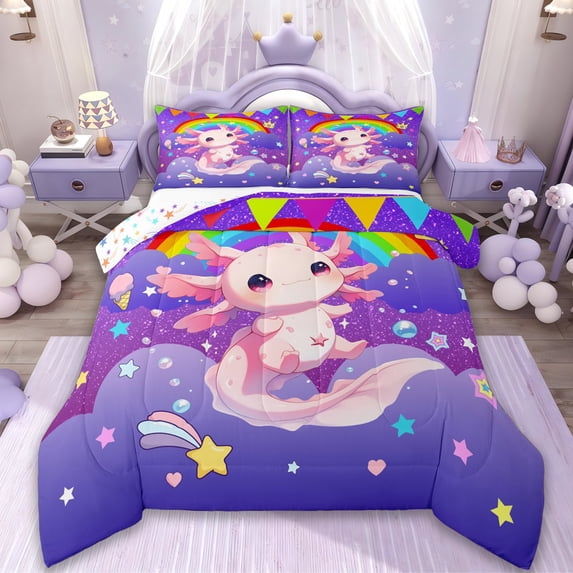 Manfei Cartoon Kawaii Axolotl Bedding Comforter Set,Purple Glitter Print Twin Comforter Sets,Galaxy Stars Fantasy Bedding Set For Girls Teens,Ultra Soft Home Decor Reversible,2pcs