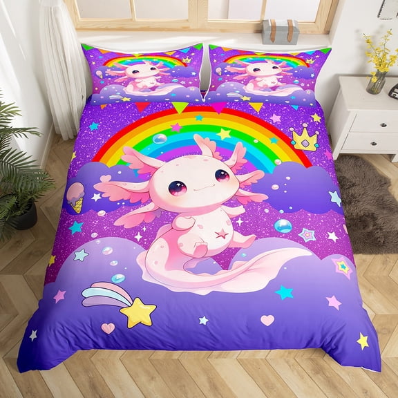 Manfei Cartoon Kawaii Axolotl Duvet Cover Twin,Purple Glitter Print Bedding Sets Twin Size,Galaxy Stars Fantasy Bed Set For Girls Teens,Ultra Soft Home Decor Reversible（No Comforter）,2pcs