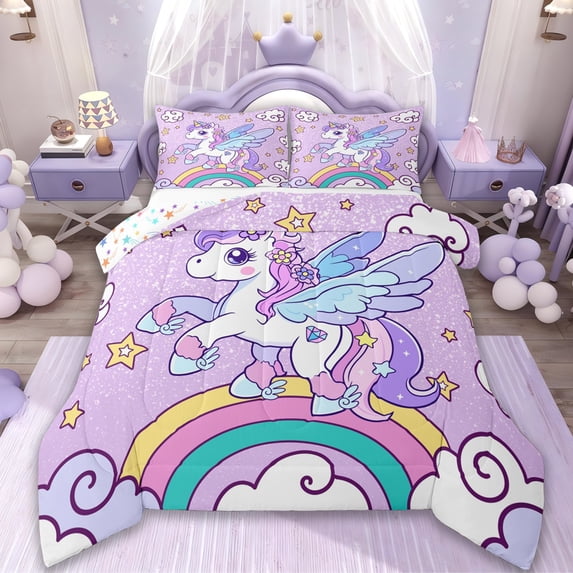 Manfei Cartoon Kawaii Unicorn Queen Comforter Set,Kawaii Rainbow Striped Bedding Sets,Cute Stars Print Bedding Comforter Set For Kids,Breathable Home Decor Reversible,3 Pieces