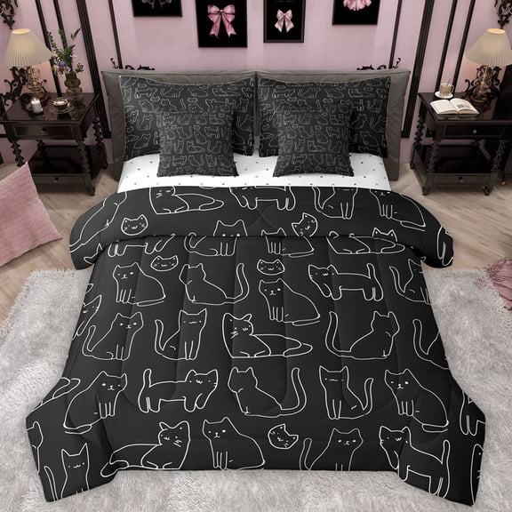 Manfei Cartoon Kitten 7-Piece Twin Bedding Sets,Cute Stripe Cat Bedding Comforter Set,White Black Sheet Sets For Teens,Super Cozy Room Decor Reversible