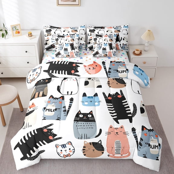 Manfei Cartoon Kitten Bedding Comforter Set 7-Piece,Pet Lover Queen Bedding Sets,Kawaii Bowknot Cat Queen Sheet Sets For Girl Kids,Super Cozy Room Decor Reversible