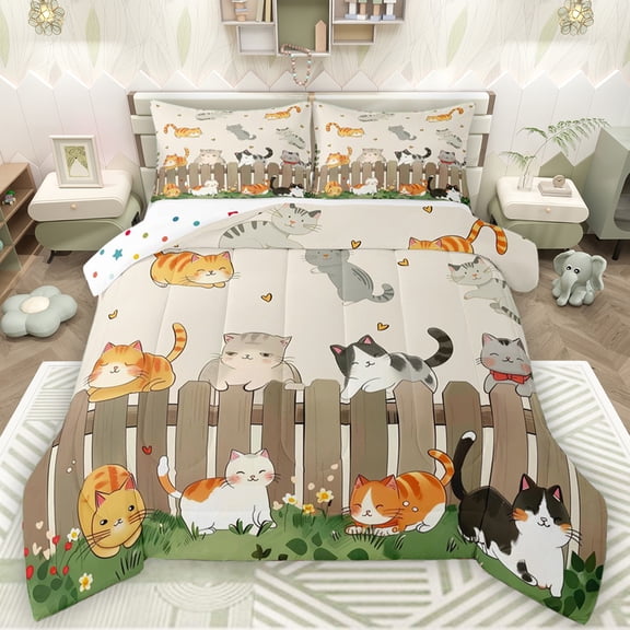 Manfei Cartoon Kitten Cat Bedding Comforter Set for Kids, Spring Flower Floral Twin Comforter Sets, Japanese Anime Animal Reversible Bedding Set, Super Cozy Room Decor, 2-Piece