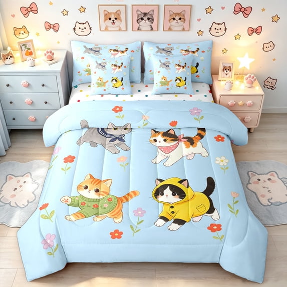 Manfei Cartoon Kitten Cat King Bedding, Rustic Floral King Bed in a Bag, Sky Blue, Polkadot Reversible, 7-Piece