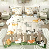 Manfei Cartoon Kitten Cat Twin Bedding Sets 7-Piece for Kids, Spring Flower Floral Bedding Comforter Set, Japanese Anime Animal Reversible Sheet Sets, Super Cozy Room Decor