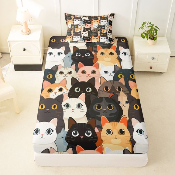 Manfei Cartoon Kitten Cat Twin Fitted Sheet, Kawaii Pet Bedding, Multicolor, 2pcs, 1 Fitted Sheet and 1 Pillowcase