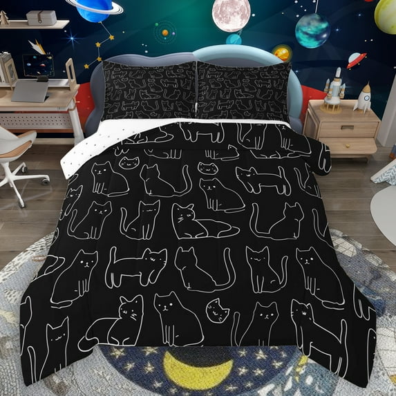 Manfei Cartoon Kitten Full Size Comforter Sets,Cute Stripe Cat Bedding Comforter Set,White Black Bedding Sets For Teens,Super Cozy Room Decor Reversible,3-Piece
