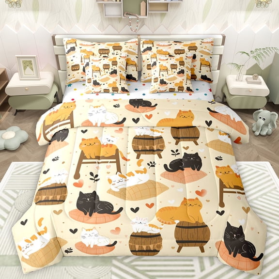 Manfei Cartoon Kitten Kids Twin Bedding Sets 7-Piece, Kawaii Anime Cat Bedding Comforter Set, Cute Love Heart Reversible Sheet Sets, Luxury Bedroom Decor