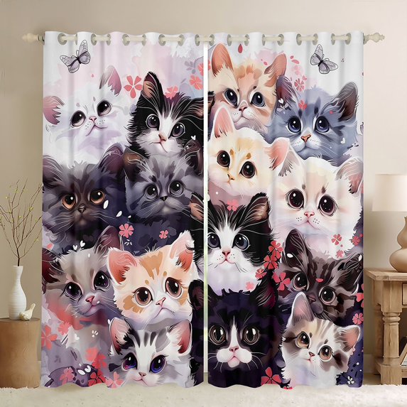 Manfei Cartoon Kitten Kitchen Curtains, Watercolor Cat Animal Black Out Curtains Pack of 2 (42x63 Each), Pink Purple