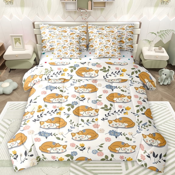 Manfei Cartoon Kitten Lover Bedding Comforter Set 7 Pieces, Rustic Cherry Blossoms Full Bedding Set, Teens Kids Boys Girls Reversible Fitted Sheet Flat Sheet, Super Cozy Room Decor
