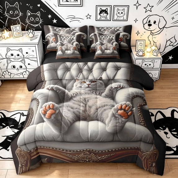 Manfei Cartoon Kitten Queen Bedding, Kawaii Pet Animal Bedding Comforter Set Queen, Gray, Black Reversible, 7 Pieces