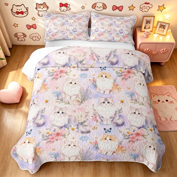 Manfei Cartoon Kitten Quilt King, Watercolor Spring Butterfly Flower King Coverlet Set, Light, 3 Pieces, 1 Bedspread and 2 Pillowcases