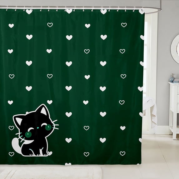 Manfei Cartoon Kitten Shower Curtain 72Wx78L, Kawaii Cat Animal Bath Curtain, Dark Green