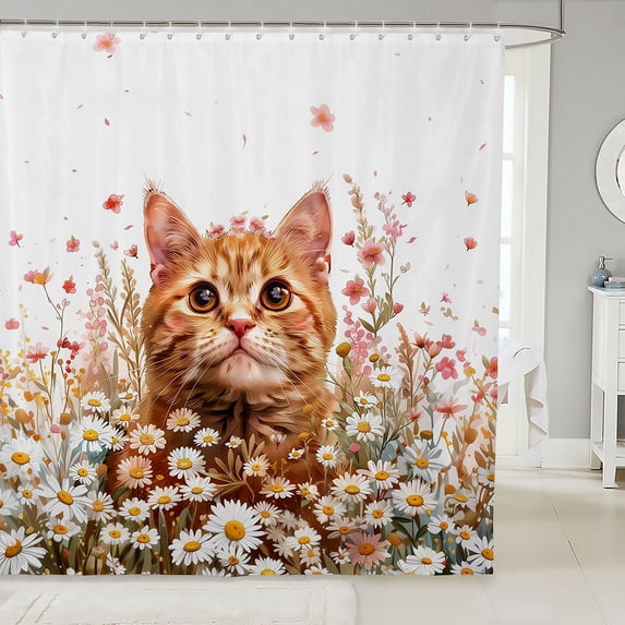 Manfei Cartoon Kitten Shower Curtain 72Wx78L, Watercolor Groovy Flower Bath Curtain, Pink Orange