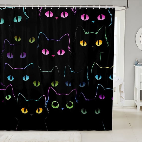 Manfei Cartoon Kitten Shower Curtain 72Wx84L, Watercolor Animal Bathroom Shower Curtain, Black Neon