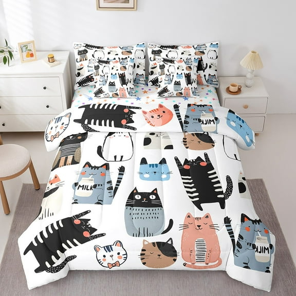 Manfei Cartoon Kitten Twin Bedding Sets 7 Pieces,Pet Lover Bedding Comforter Set 7 Pieces,Kawaii Bowknot Cat Sheet Sets For Girl Kids,Super Cozy Room Decor Reversible