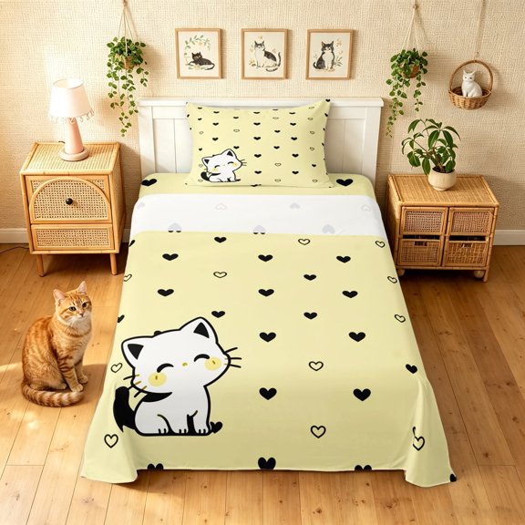 Manfei Cartoon Kitten Twin Sheets, Love Heart Doodle Bedding, Cream, 3 Pieces, 1 Flat Sheet, 1 Fitted Sheet and 1 Pillowcase