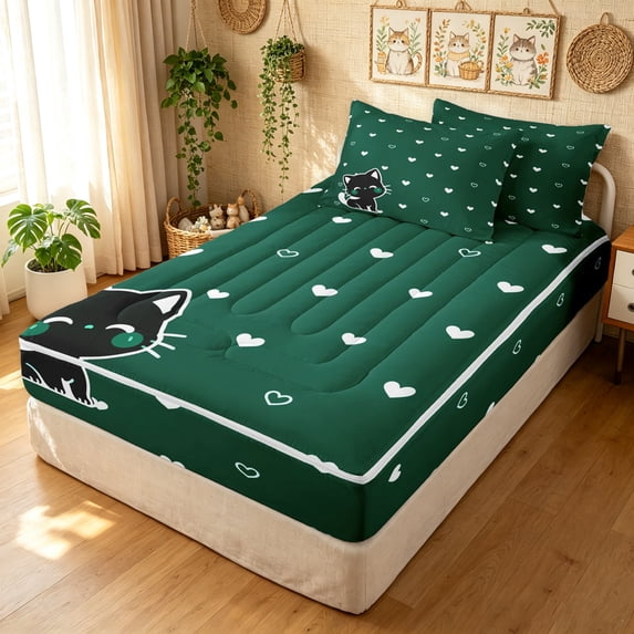 Manfei Cartoon Kitten Zipper Full Size Comforter Sets with Fitted Sheet and 2 Pillowcases, Kawaii Cat Animal Zipper Bedding Set, Dark Green, Polkadot Reversible, 4 Pieces