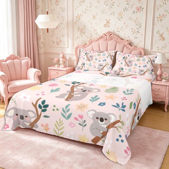 Manfei Cartoon Koala Bed Sheets 4-Piece,Floral Animal Full Size Sheets,1 Flat Sheet,1 Fitted Sheet and 2 Pillowcases