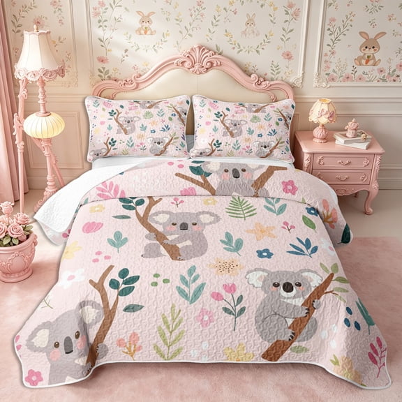 Manfei Cartoon Koala Bed Spread Queen 3pcs,Floral Animal Queen Coverlet Set,1 Quilt and 2 Pillowcases