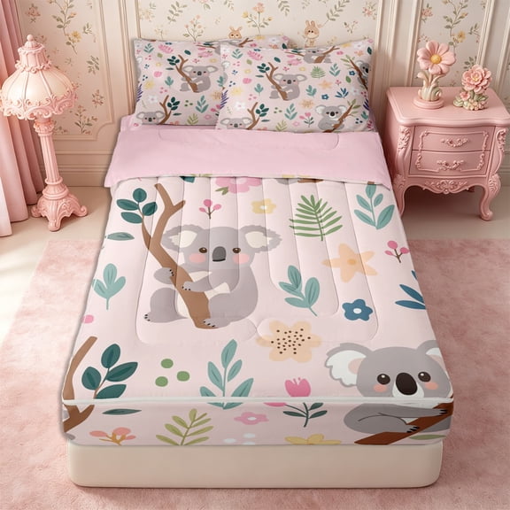 Manfei Cartoon Koala Zipper Twin Comforter Sets with Fitted Sheet and 2 Pillowcases,Floral Animal Zipper Bedding Set,Reversible