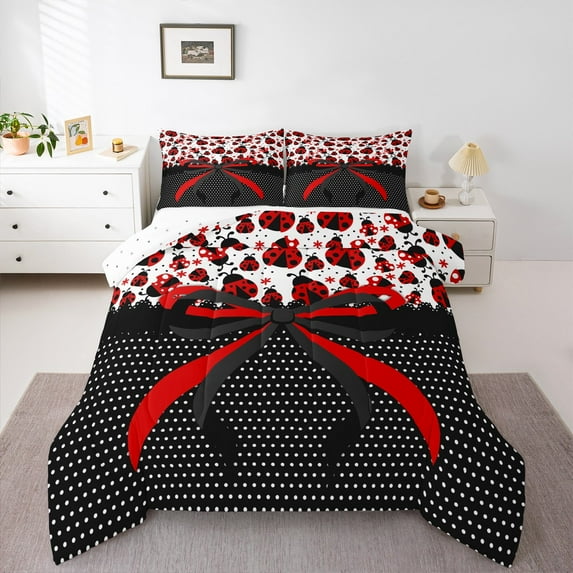 Manfei Cartoon Ladybird 3pcs King Size Comforter Sets,Kawaii Bow Bedding Comforter Set,Polka Dots Super Cozy Bedding Set,Ultra Soft Kids Bedroom Decor,Reversible