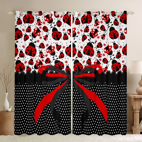 Manfei Cartoon Ladybird Blackout Curtains,Kawaii Bow Curtains Pack of 2 (38x45 Each),Polka Dots Window Curtains,Ultra Soft Kids Bedroom Decor