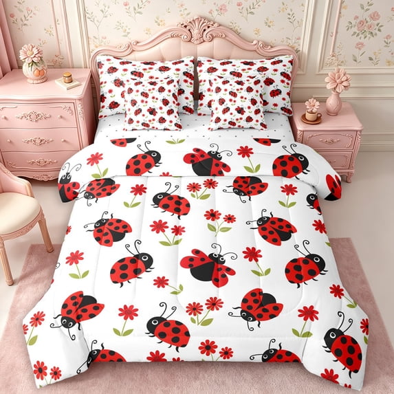 Manfei Cartoon Ladybug 7-Piece Twin Bedding,Watercolor Flowers Bedding Comforter Set,Reversible