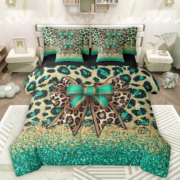 Manfei Cartoon Leopard Hide 7pcs Bedding Comforter Set,Cheetah Print Bow Tie Queen Bedding Sets,Cyan Gold Brown Queen Sheet Sets For Teens,Microfiber Bedroom Decor Reversible