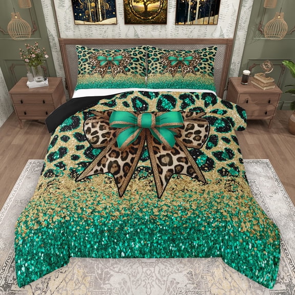 Manfei Cartoon Leopard Hide Queen Comforter Set,Cheetah Print Bow Tie Bedding Sets,Cyan Gold Brown Bedding Comforter Set For Teens,Microfiber Bedroom Decor Reversible,3pcs