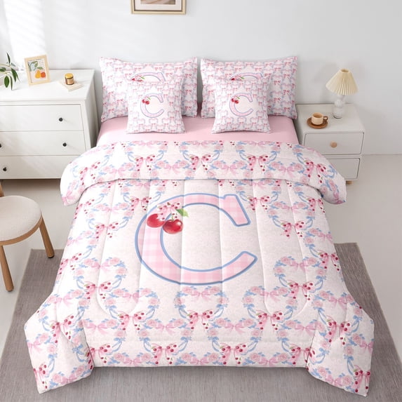 Manfei Cartoon Letter C 7pcs Queen Bedding,Cute Bow Bedding Comforter Set Queen,Pink,Pink Reversible