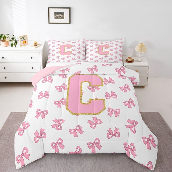 Manfei Cartoon Letter C Full Size Comforter Sets,Cute Coquette Bowtie Bedding Comforter Set,Pink,Pink Reversible,3pcs,1 Comforter and 2 Pillowcases