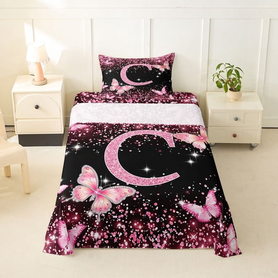 Manfei Cartoon Letter C Twin Sheets,Cute Butterfly Bedding,Pink,3pcs