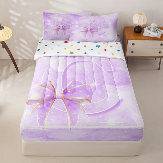 Manfei Cartoon Letter C Zipper Twin Comforter Sets with Fitted Sheet and 2 Pillowcases,Cute Coquette Bow Zipper Bedding Set,Purple,Polkadot Reversible4pcs