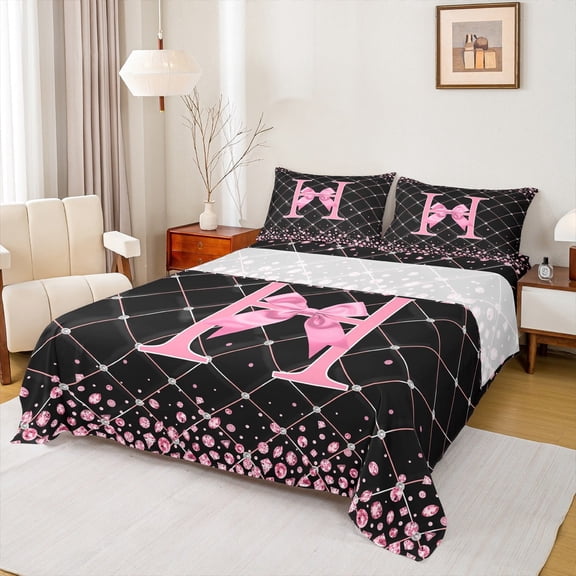 Manfei Cartoon Letter H Twin Sheet Sets for Teens, Initial A to Z Letter Twin Fitted Sheet, Chic Stripes Flat Sheet, Microfiber Bedroom Decor, 3 Pieces