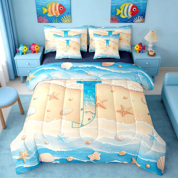Manfei Cartoon Letter J Beach Seashell Starfish Twin Bedding Sets for Kids Boys and Girls, Nautical Alphabet Print Bedding Comforter Set, Navy Reversible 7pcs