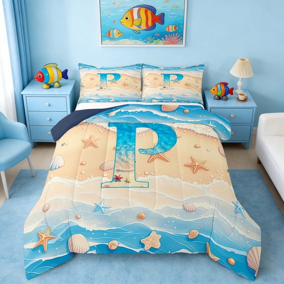 Manfei Cartoon Letter P Beach Seashell Starfish Full Size Comforter Sets for Kids Boys and Girls, Nautical Alphabet Print Bedding Sets, Navy Reversible 3pcs, 1 Comforter and 2 Pillowcases