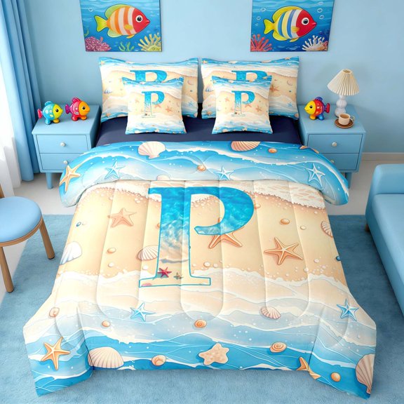 Manfei Cartoon Letter P Beach Seashell Starfish Twin Bedding Sets for Kids Boys and Girls, Nautical Alphabet Print Bedding Comforter Set, Navy Reversible 7pcs