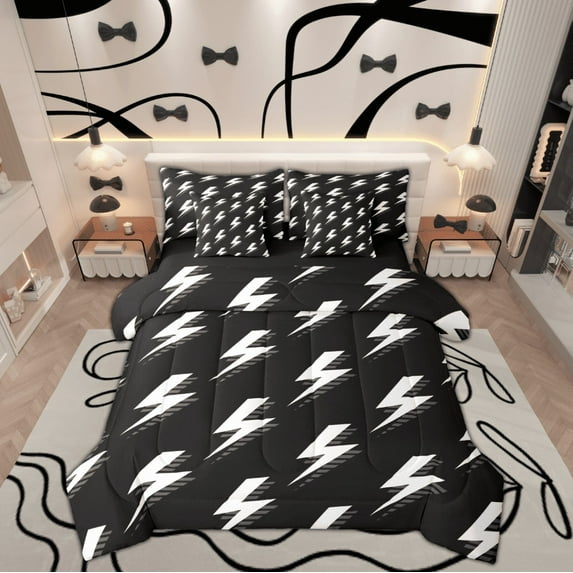 Manfei Cartoon Lightning Boys Bedding Comforter Set 7 Pieces, Black White Full Bedding Set, Stripes Geometric Reversible Fitted Sheet Flat Sheet, Super Cozy Room Decor