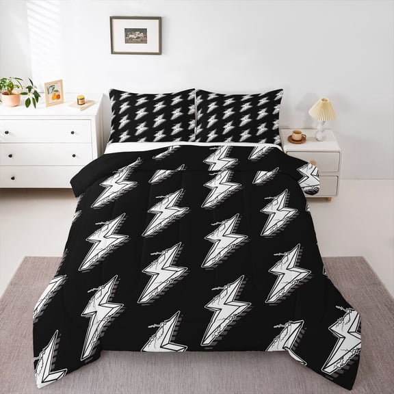 Manfei Cartoon Lightning Boys Queen Comforter Set, Black White Bedding Sets, Stripes Geometric Reversible Bedding Comforter Set, Super Cozy Room Decor, 3-Piece